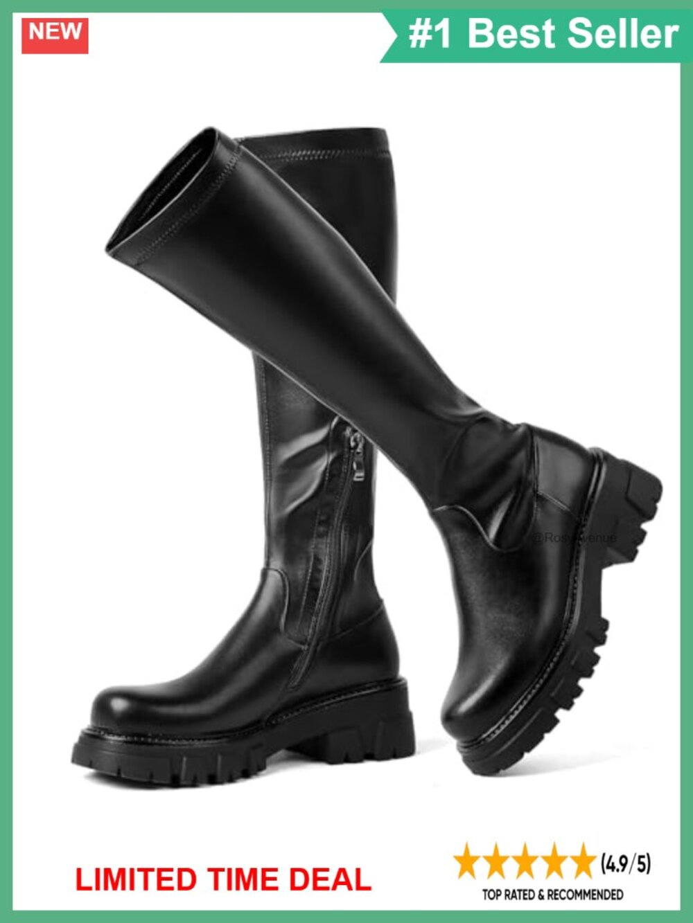 Platform Knee High Boots Stretch Faux Leather Chunky Sole